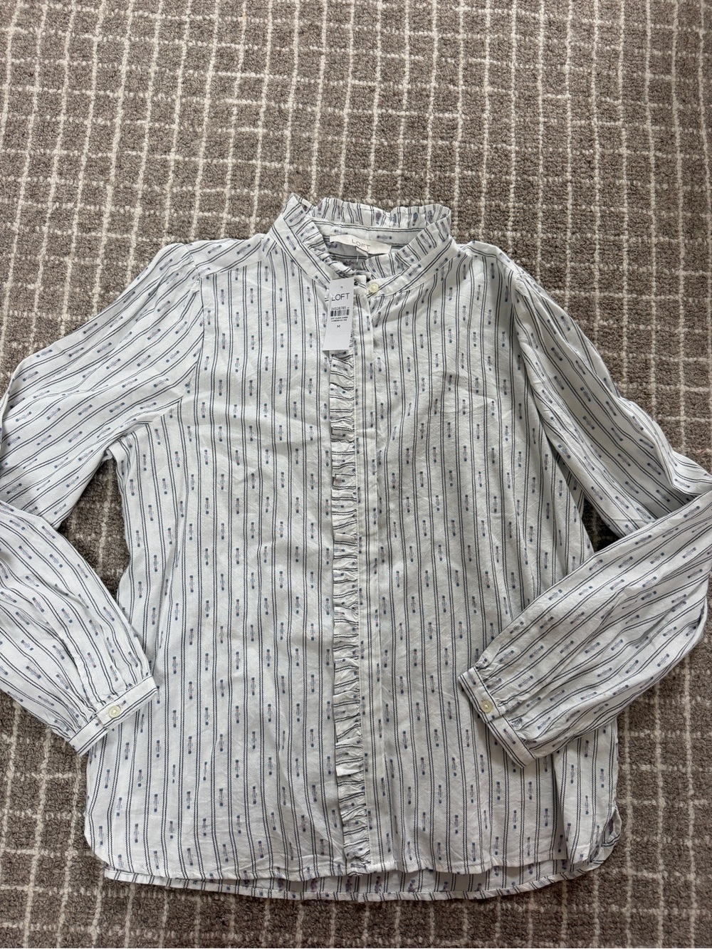 LOFT White Stripe Button-Front Ruffle Trim Shirt